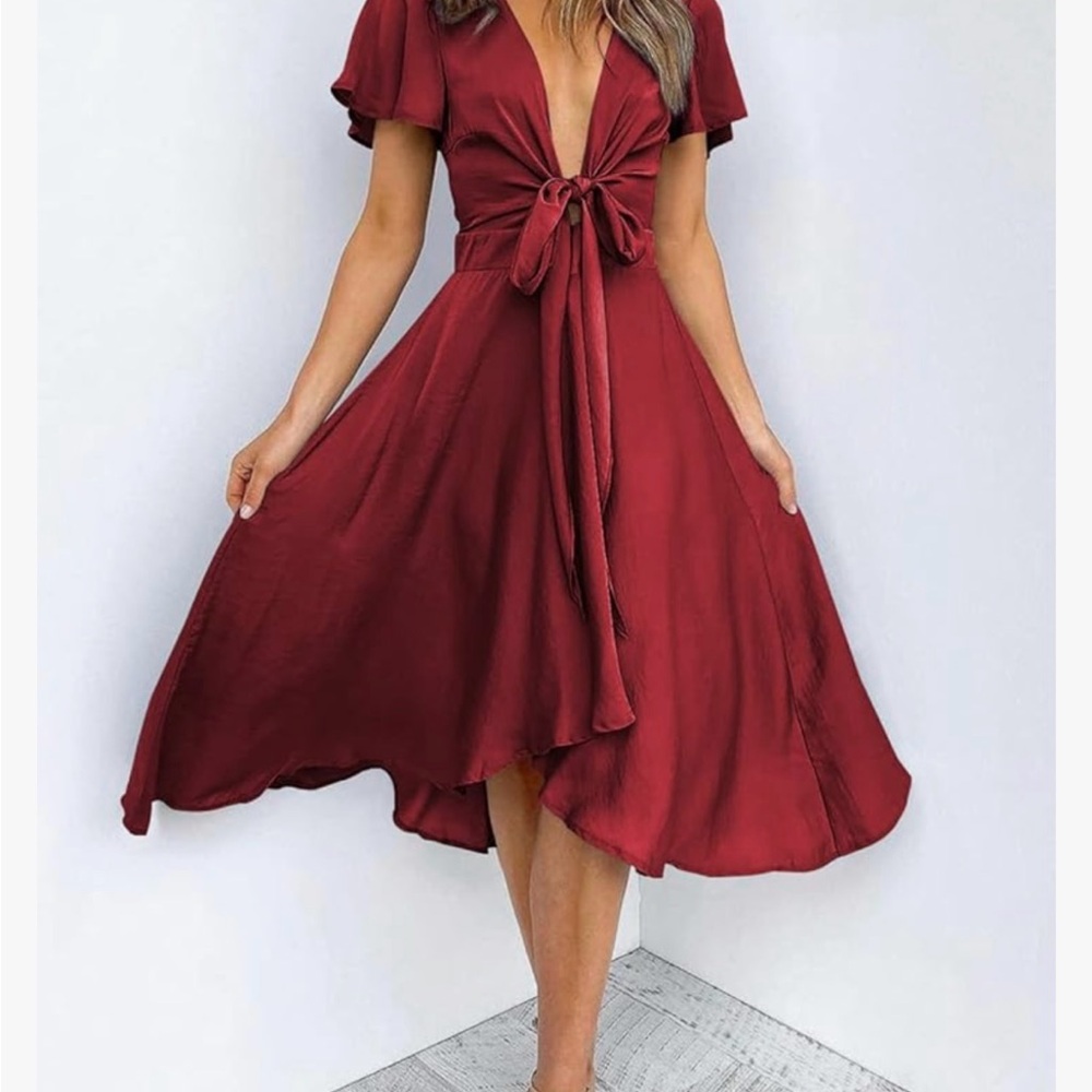 Elegant Burgundy Tie-Front Dress - Picture 3 of 6